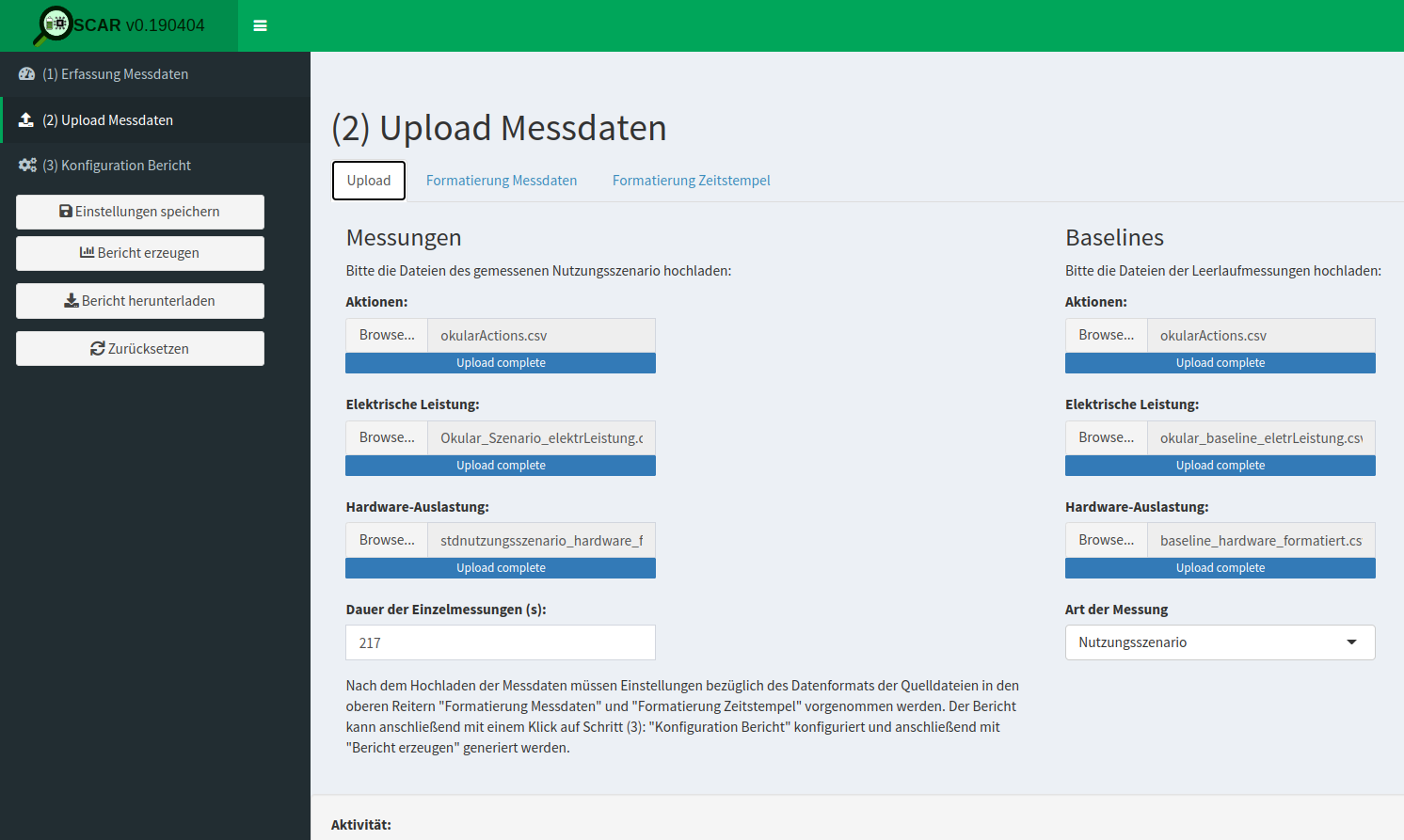 Uploading the measurement data (German: <em>Upload Messdaten</em>).