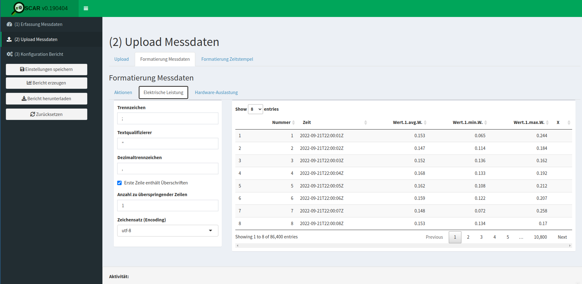 Specifying the format for the energy consumption data (German: <em>Elektrische Leistung</em>).