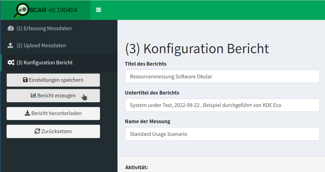 Generating the report (German: <em>Bericht erzeugen</em>).